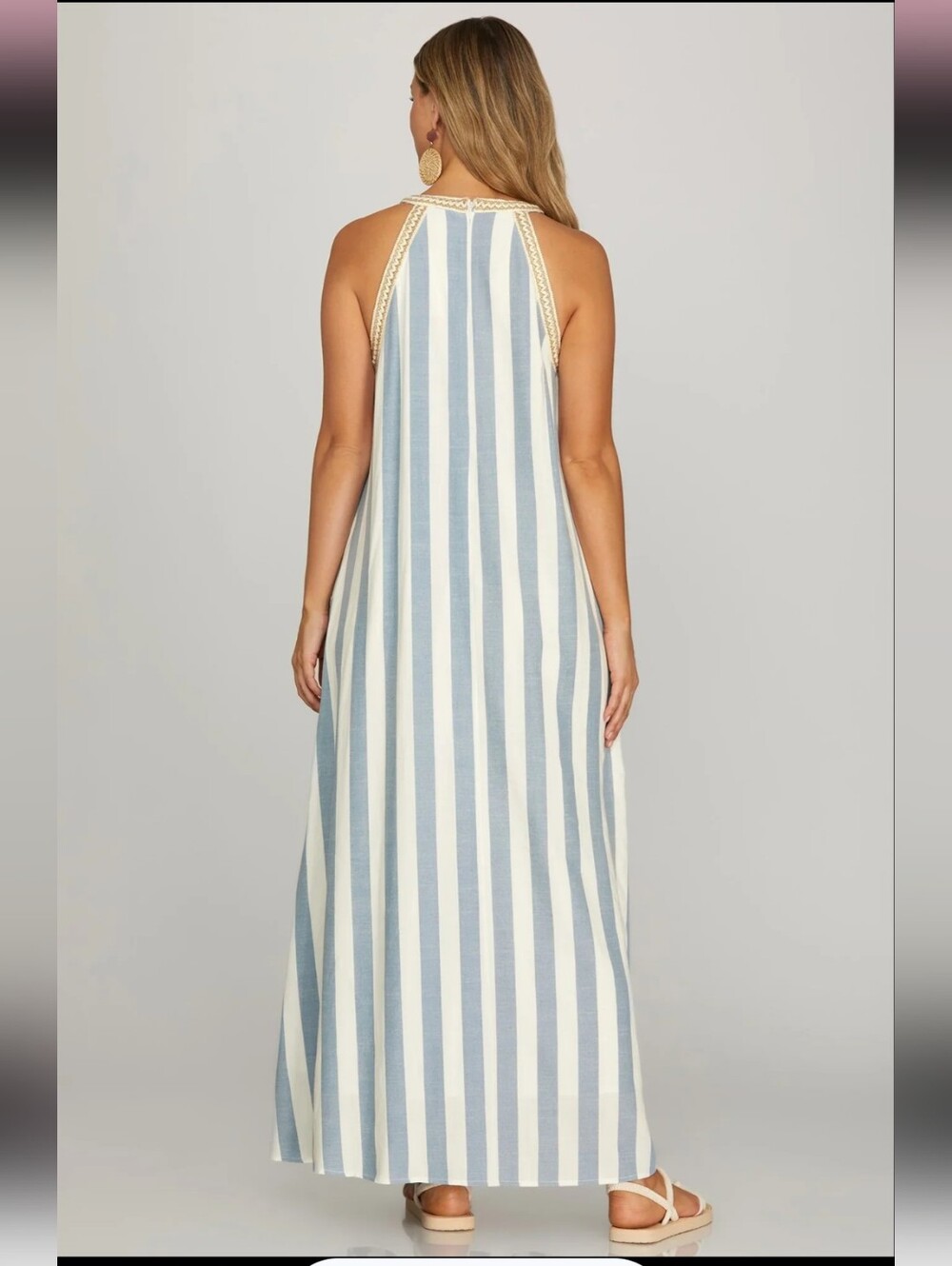 She + Sky Sleeveless Halter Blue and White Striped Maxi Dress - Picture 6 of 8